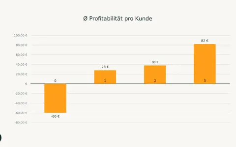 Balkendiagramm zeigt die durchschnittliche Profitabilität pro Kunde. Ein negativer Wert von -60 € steht für hohe churn rate, während die Profitabilität mit steigender Kundenzahl zunimmt.