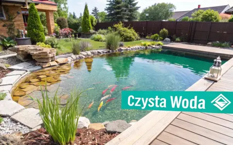 Piękne oczko wodne z rybkami i roślinnością, zapewniające czystą wodę dzięki napowietrzaniu.