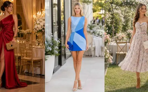 Elegancka czerwona suknia, niebieska sukienka mini i kwiecista kreacja – inspiracje, jak się ubrać na wesele.