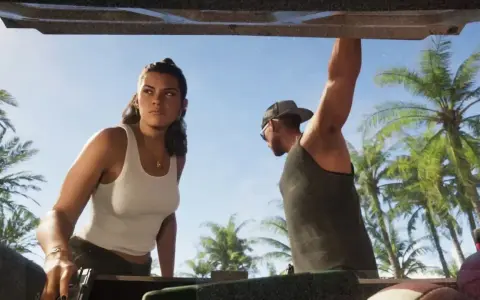 Kobieta i mężczyzna w tropikalnym otoczeniu, przygotowujący się do akcji. Zapowiedź premiery GTA 6 budzi emocje.
