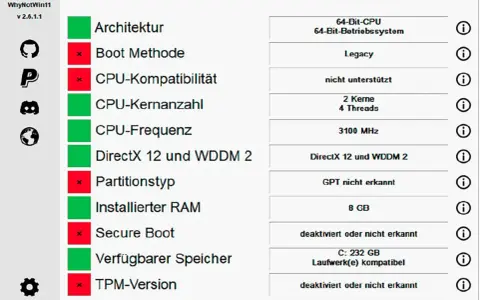 Windows 11 Kompatibilitätstest zeigt, dass die CPU (Intel Core i3-4160T) nicht vollständig unterstützt wird.