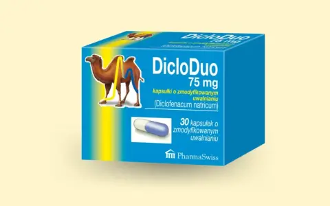 Opakowanie DicloDuo 75 mg z wielbłądem, reklamujące najsilniejszy lek na ból kręgosłupa.