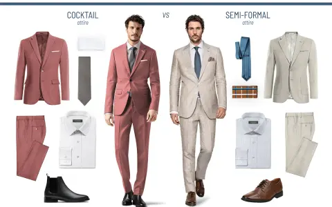 A man models a coral suit for cocktail attire, contrasted with a linen suit for semi-formal wear.