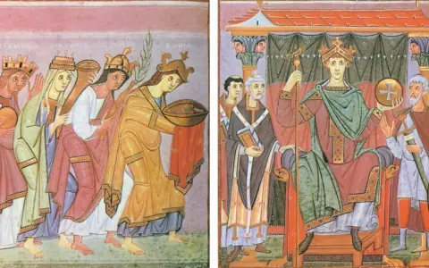 König sitzt auf Thron, umgeben von Beratern. Links: Frauen tragen Geschenke. Dies illustriert, was bedeutet Grundherrschaft: Macht und Herrschaft über Land und Leute.