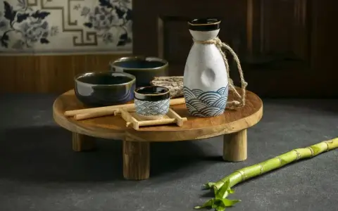 Zestaw do sake: ceramiczna butelka z falami, małe czarki i pałeczki.
