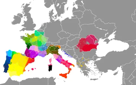 Mapa de Europa con áreas coloreadas que indican dónde se habla el corso y otras lenguas romances.