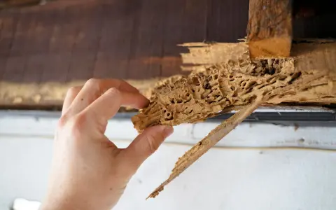 Main d'une personne tenant un morceau de bois rongé par les termites, révélant un petit trou dans le bois.