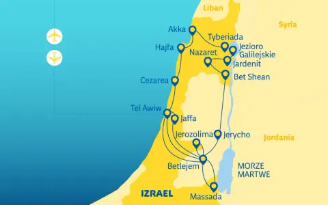 Mapa turystyczna przedstawiająca szlak przez miasta Izraela: Akka, Hajfa, Nazaret, Tyberiada, Jerozolima, Betlejem, Jaffa, Tel Awiw, Cezarea, Bet Shean, Jerycho, Massada.