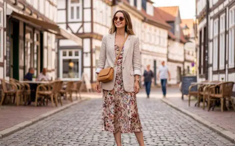 Eine Frau trägt eine leichte Jacke zum geblümten Kleid und weiße Sneaker. Sie steht auf einer Kopfsteinpflasterstraße vor Fachwerkhäusern.