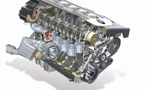 Przekrój silnika m57 z turbosprężarką, tłokami i wałkami rozrządu. Widoczne detale mechaniczne.