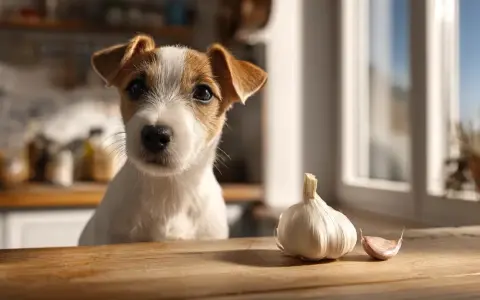 Un adorable chien regarde une tête d'ail sur une table en bois.