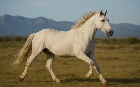 Un magnifique cheval Camargue blanc galope dans un pré herbeux, avec des montagnes bleues en arrière-plan.