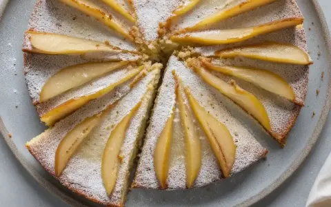 Gâteau au yaourt recette illustrée : un délicieux gâteau aux poires, saupoudré de sucre glace, prêt à être dégusté.