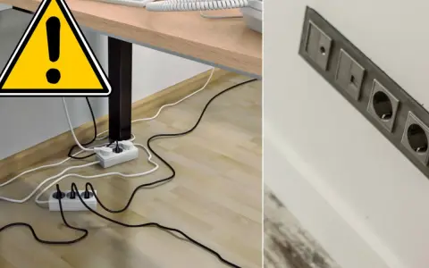 Ostrzeżenie przed bałaganem kabli pod biurkiem. Po prawej stronie widać estetyczną, nowoczesną instalację elektryczną.