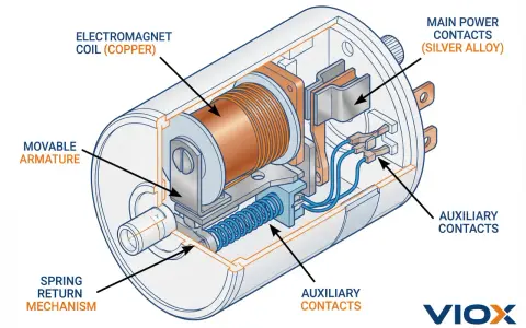 Schnittzeichnung des Aufbaus eines Anlassers mit Elektromagnetspule, beweglichem Anker, Hauptkontakten und Hilfskontakten.