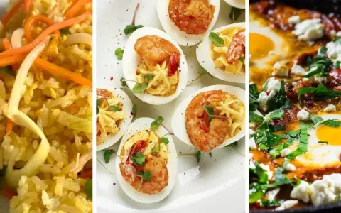 Drei Gerichte: gebratener Reis, gefüllte Eier mit Garnelen und Shakshuka. Tolle Eier Rezepte für jeden Anlass.