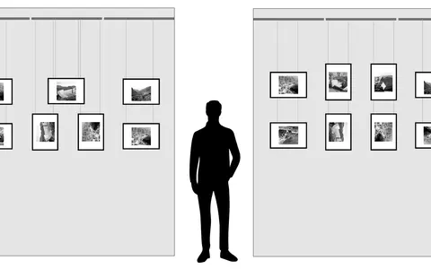 Ilustración muestra cómo colocar cuadros de diferentes tamaños en una pared, con un hombre silueta para escala.