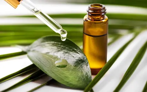 Goutte d'huile de tea tree acné tombant d'une pipette sur une feuille verte, à côté d'un flacon ambré.