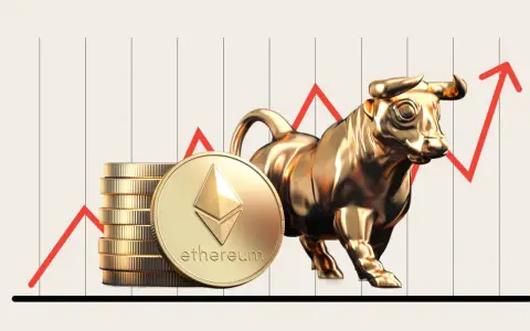 Złoty byk i stos monet Ethereum na tle wykresu wzrostu. Symbolizuje to bull run crypto.