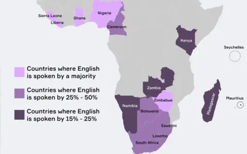 Mapa Afryki z zaznaczonymi krajami, gdzie angielski jest językiem urzędowym. Ghana jest jednym z nich.