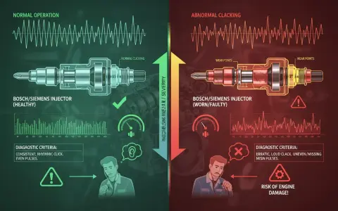 Vergleich von Bosch/Siemens Injektoren: gesunder Zustand mit normalem Klickgeräusch und defekter Zustand mit Symptomen wie unregelmäßigem, lautem Klacken.
