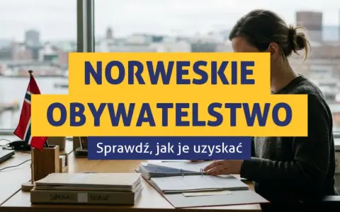 Kobieta pracuje nad dokumentami, aby uzyskać obywatelstwo norweskie. Na biurku flaga Norwegii.