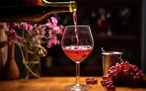 Czerwone, mocne wino z winogron nalewa się do kieliszka. Obok kiść winogron i kwiaty.