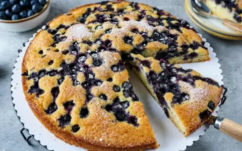 Saftiger Blaubeerkuchen, gebacken nach Omas Rezept. Mit Puderzucker bestäubt und voller Blaubeeren.
