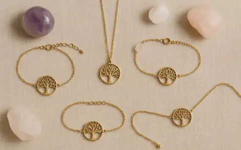 Gioielli con albero della vita in oro, circondati da pietre di quarzo. Il quarzo pietra significato è legato alla crescita e alla protezione.