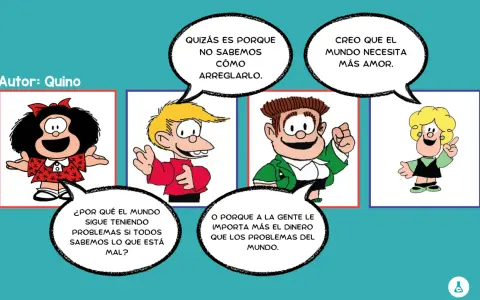 Mafalda viñetas: Mafalda se pregunta por qué el mundo tiene problemas si sabemos qué está mal. Sus amigos debaten si es por no saber arreglarlo, por falta de amor o por priorizar el dinero.