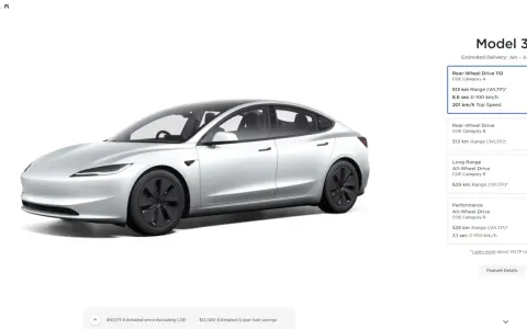 Srebrny Tesla Model 3 z czarnymi felgami, widok z boku.