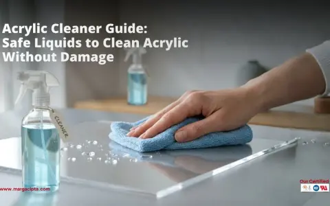Learn how to clean acrylic safely with this guide. A hand wipes a clear acrylic surface with a blue cloth, next to a spray bottle labeled "CLEANER.