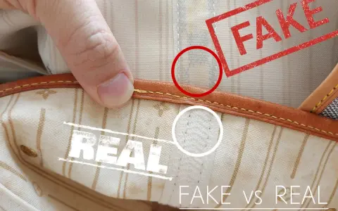 Zbliżenie na wnętrze torby Louis Vuitton Neverfull, porównujące szwy oryginału i podróbki.