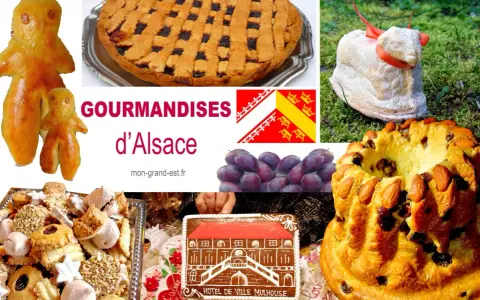 Délicieuses spécialités alsaciennes sucrées : pain d'épices, gâteau, biscuits variés, tarte et agneau de Pâques.