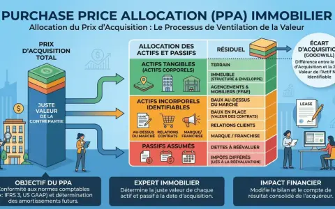 Schéma illustrant l'allocation du prix d'acquisition (PPA) dans l'immobilier, détaillant actifs tangibles, incorporels, passifs, et le concept de franchise opposable.