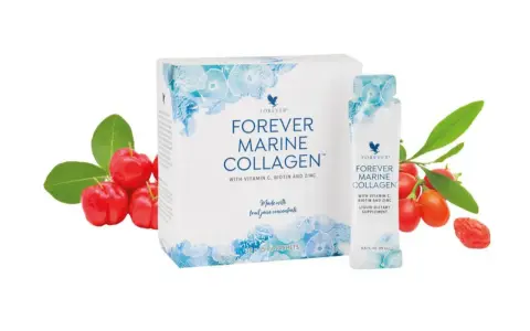 Forever Marine Collagen w saszetkach, z witaminą C, biotyną i cynkiem. Pyszny smak owoców dla Twojej urody.