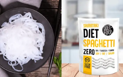Makaron konjac na talerzu obok opakowania Shirataki Diet Spaghetti. Idealny wybór dla osób dbających o linię.