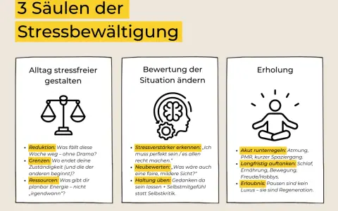 Drei Säulen der Stressbewältigung: Alltag gestalten, Situation bewerten, Erholung. Effektives coping durch Reduktion, Grenzen setzen & Ressourcen nutzen.