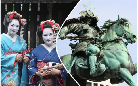 Due geishe in kimono e una statua di samurai a cavallo, immagini iconiche dei film giapponesi famosi.