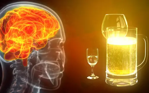 Jasny mózg w profilu, obok kieliszek i kufel piwa. Obraz symbolizuje demencję alkoholową i jej wpływ na mózg.