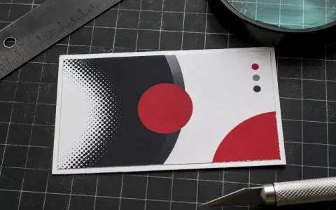 Tarjeta de presentación con diseño moderno en blanco, negro y rojo. Se aprecian círculos y puntos, con una regla y cúter cerca, sugiriendo la creación de distintos tamaños DIN.