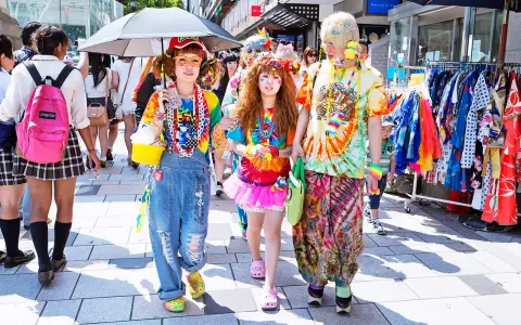 Kolorowy tłum w stylu harajuku, z tęczowymi ubraniami, dżinsowymi ogrodniczkami i jaskrawymi dodatkami, spaceruje ulicą.