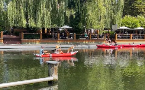 Ein Hund steht auf einem Kajak am Neuendorfer See, während Menschen im Wasser paddeln. Im Hintergrund eine Terrasse mit Gästen.
