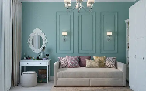 Elegancka toaletka z lustrem i kosmetykami, obok wygodna sofa. Idealne miejsce, by połączyć biurko z toaletką w stylowy sposób.
