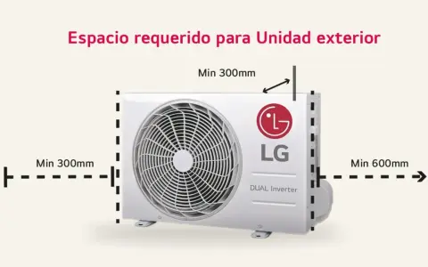Unidad exterior de aire acondicionado LG con indicaciones de medidas: mínimo 300mm laterales y 600mm trasero.