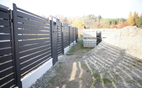 Solidny fundament pod bramę przesuwną, gotowy na montaż nowoczesnego ogrodzenia. Obok materiały budowlane.