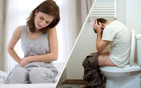 Kvinna med magont och man på toaletten, båda upplever magkatarr och diarré.