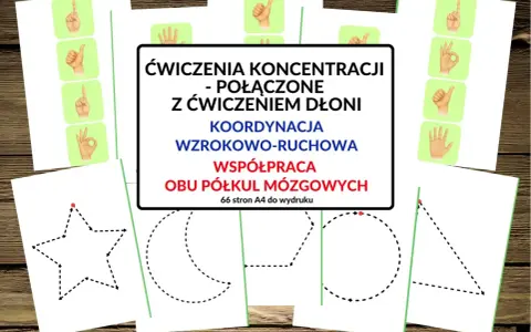 Zestaw darmowe ćwiczenia na koncentrację z obrazkami dłoni i kształtami do obrysowania.