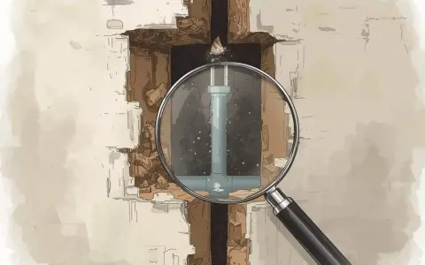 Une loupe examine un tuyau d'eau fissuré dans un mur délabré. L'inspection révèle le problème à proprement parler.