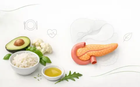 Zdrowe składniki jak ryż, awokado, kalafior i oliwa wspierają dietę trzustkową. Obok model trzustki i wątroby.